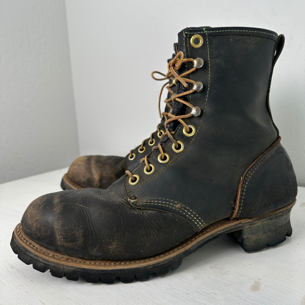 Vintage 80s 90s Leather Work Boots Mens 11 Logger Vibram Sole Black Rugged Lug